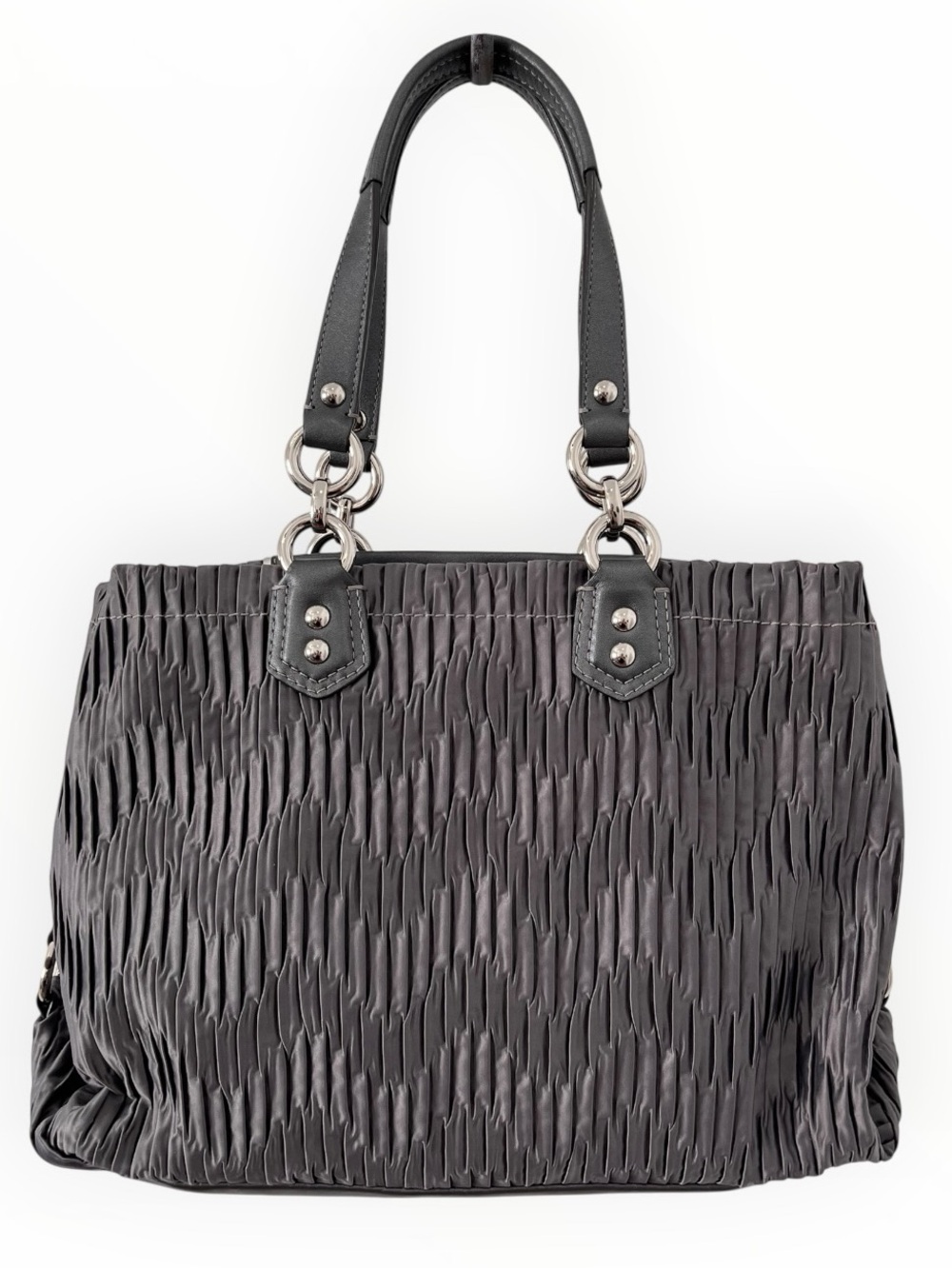 Coach 2012 Ashley Gathered Satin Carryall Satchel Silver/Grey NWOT - Picture 3 of 9